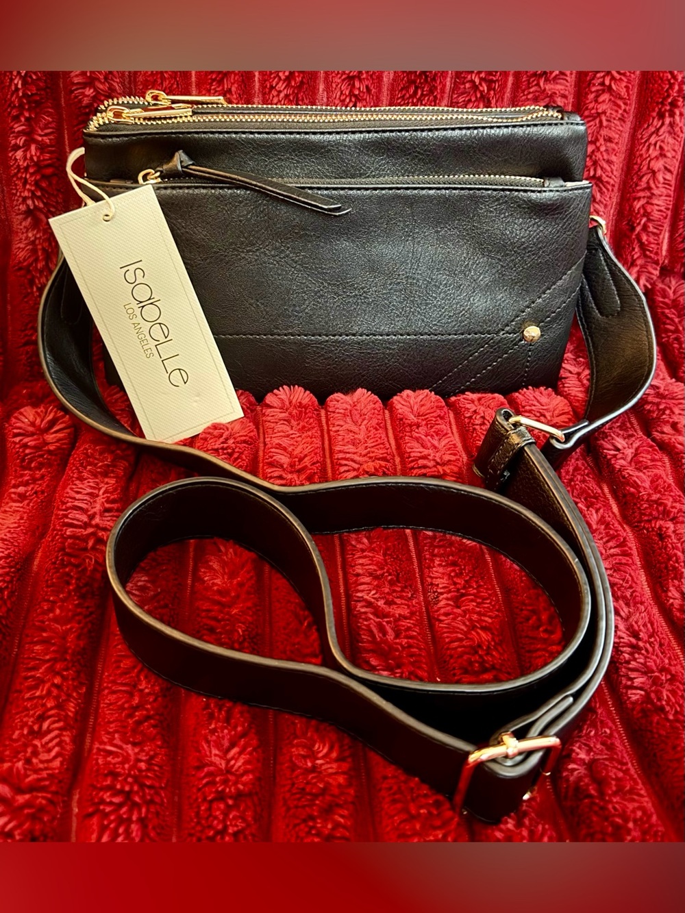 Isabelle Black Leather Zip-Top Crossbody Bag